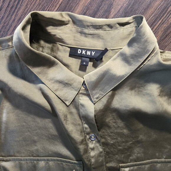 DKNY Classic Style Olive Green Satin Tunic Blouse SIZE XL - Picture 7 of 8